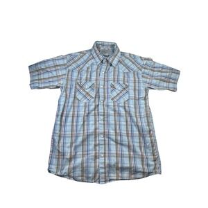 U.S. Expedition Western Shirt Mens M Blue Plaid Cotton Flap Pockets Short Sleeve